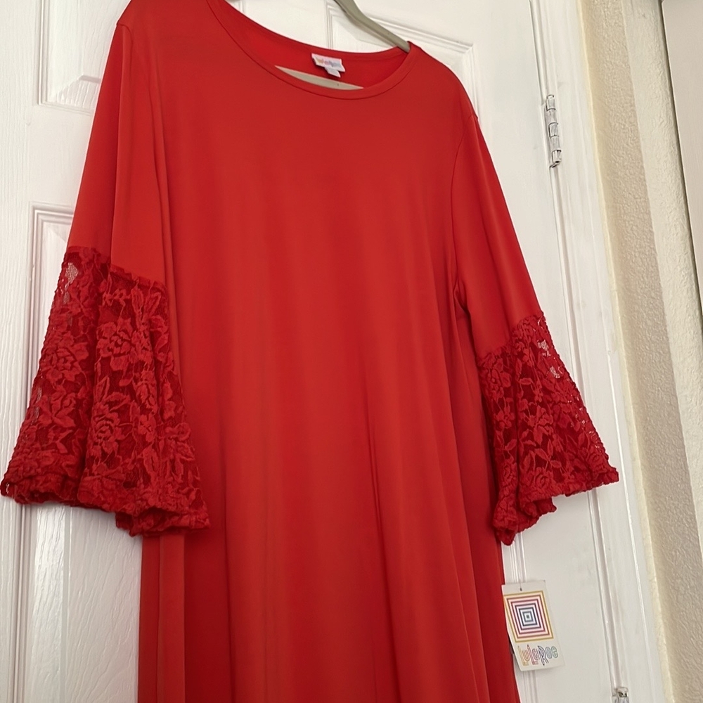 LuLaRoe Red Midi Dress with Lace Sleeves